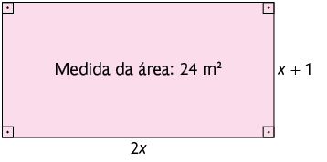 Ilustração de um retângulo com a base medindo 2 x e a altura medindo x mais 1. Há a indicação: Medida da Área:24 metros quadrados.