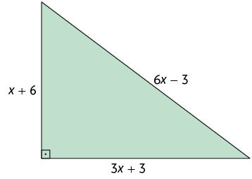 Ilustração de um triângulo retângulo com base medindo 3 x mais 3, altura medindo x mais 6 e hipotenusa medindo 6 x menos 3.