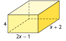 Ilustração de um paralelepípedo reto retângulo com o comprimento medindo x mais 2, a largura medindo 2 x menos 1 e a altura medindo 4.