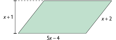 Ilustração de um paralelogramo com base medindo 5 x menos 4, e lados paralelos medindo x mais 2 e a altura indicada medindo x mais 1.