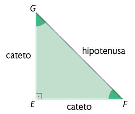 Ilustração de um triângulo retângulo E F G. Os ângulos internos a esse triângulo estão demarcados e o vértice E tem ângulo reto. Está indicado que o lado oposto ao ângulo reto é denominado hipotenusa. E os outros dois lados são denominados cateto.