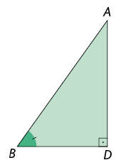 Ilustração de um triângulo retângulo A D B. Ele é formado da divisão do triângulo A B C a partir do segmento A D. Nele, o ângulo reto está no vértice D. E sobre o ângulo B há um pequeno traço.