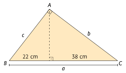 Ilustração de um triângulo retângulo A B C. Os catetos estão indicados como c minúsculo e b minúsculo e a hipotenusa com a minúsculo, que é igual a 22 centímetros mais 38 centímetros. Está traçado a altura em relação à hipotenusa a minúsculo. São formados outros dois triângulos retângulos a partir da altura. Um deles tem a hipotenusa sendo c minúsculo; um cateto tem medida 22 centímetros; e o outro cateto é a altura do triângulo A B C. O outro triângulo retângulo formado tem a hipotenusa sendo b minúsculo; um cateto tem medida 38 centímetros; e o outro cateto é a altura do triângulo A B C.