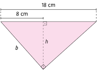 Ilustração de um triângulo retângulo. Um dos catetos está indicado com b e a hipotenusa tem medida de comprimento 18 centímetros. Está traçado a altura relativa à hipotenusa, indicada por h. São formados outros dois triângulos retângulos a partir da altura. Um desses triângulos tem a hipotenusa indicada por b; um dos catetos é a altura h e o outro cateto tem 8 centímetros de medida de comprimento.