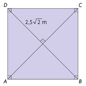 Ilustração de um quadrado A B C D. Estão indicados todos os ângulos retos dos vértices. O quadrado está dividido em quatro triângulos retângulos, formados por segmentos que são as diagonais que ligam os vértices A C e B D. No centro do quadrado está indicado um dos ângulos retos, formados pelo encontro desses segmentos. No triângulo A C D formado, está indicado sua altura com medida de comprimento 2,5 raiz quadrada de 2 metros.