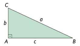 Ilustração de um triângulo retângulo A B C. O ângulo reto está demarcado no vértice A. A hipotenusa B C tem medida de comprimento a minúsculo. E os catetos A B e A C tem medidas de comprimento c minúsculo e b minúsculo, respectivamente.