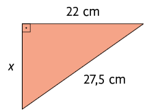 Ilustração de um triângulo retângulo. A hipotenusa tem medida de comprimento 27,5 centímetros. Um dos catetos tem medida de comprimento 22 centímetros e o outro cateto está indicado por x.