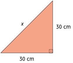 Ilustração de um triângulo retângulo. A hipotenusa está indicada por x. Um dos catetos tem medida de comprimento 30 centímetros e o outro cateto 30 centímetros.