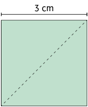 Ilustração de um polígono de quatro lados. Um dos lados tem medida de comprimento 3 centímetros. Está traçado sua diagonal.
