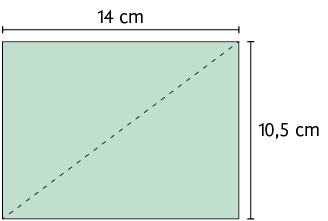 Ilustração de um polígono de quatro lados. Um dos lados tem medida de comprimento  14 centímetros e outro lado tem 10,5 centímetros. Está traçado sua diagonal.