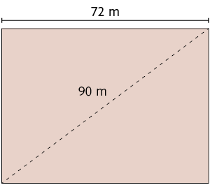 Ilustração de um retângulo. Um dos lados tem medida de comprimento 72 metros. Está traçado sua diagonal que possui medida de comprimento de 90 metros.