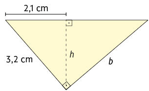 Ilustração de um triângulo retângulo. Seus catetos tem as medidas de comprimento: 3,2 centímetros e b, respectivamente. Está traçado a altura relativa à hipotenusa, indicada por h. São formados outros dois triângulos retângulos a partir da altura h. Em um dos triângulos a hipotenusa tem 3,2 centímetros de medida de comprimento; um dos catetos é a altura h e o outro cateto tem 2,1 centímetros de medida de comprimento. No outro triângulo, um dos catetos é a altura h e a hipotenusa é b.