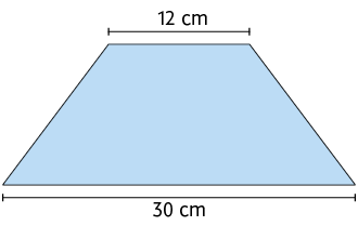 Ilustração de um trapézio isósceles. A base menor tem 12 centímetros de medida de comprimento e a base maior 30 centímetros de medida de comprimento.