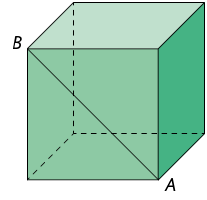 Ilustração de um cubo. Na face frontal está traçado uma diagonal ligando dois vértices, A e B.