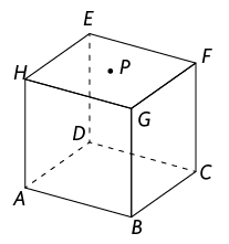 Ilustração de um cubo de arestas A B C D E F G H. A face A B C D está voltada para baixo e a face E F G H é a face superior. O ponto P está localizado no centro da face E F G H.