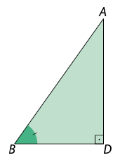 Ilustração de um triângulo retângulo A D B. O ângulo reto está indicado no vértice D. Sobre a indicação do ângulo B há um pequeno traço.