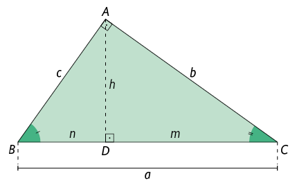 Ilustração de um triângulo retângulo A B C. O ângulo reto está no vértice A. O lado B C é hipotenusa e está indicado como a minúsculo. O lado A B é um dos catetos e está indicado como c minúsculo. E o lado A C é o outro cateto indicado como b minúsculo. Há um segmento A D, traçado formando um ângulo de 90 graus com a hipotenusa B C. Esse segmento está indicado como h. Está indicado que a medida de comprimento de B até D é n. E a medida de comprimento de D até C é m. Os ângulos internos referentes ao vértice B e C estão demarcados, e sobre o ângulo B há um pequeno traço, e sobre o ângulo C, dois pequenos traços.