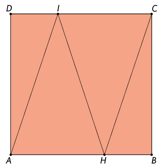 Ilustração de um quadrado A B C D. O lado A B é oposto ao lado C D. Sobre o lado A B há um ponto H. Sobre o lado D C há um ponto I. Estão ligados por segmentos os pontos A com I; I com H; H com C.
