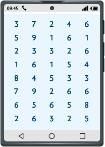 Ilustração de um aparelho celular.  No visor do aparelho há 40 números, distribuídos e 8 linhas e 5 colunas. Na primeira linha: 3, 7, 2, 4, 6; na segunda linha : 5, 9, 1, 6, 1; na terceira linha: 2, 3, 3, 2, 6; na quarta linha: 1, 6, 1, 5, 4; na quinta linha: 8, 4, 5, 3, 3; na sexta linha: 7, 9, 2, 6, 6; na sétima linha: 6, 5, 6, 5, 8; na oitava linha: 2, 6, 3, 2, 5.