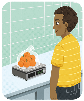 Ilustração de um homem adulto olhando para uma balança digital de mesa. Sobre a balança há um pacote de laranjas. No visor da balança aparece o número 1 ponto 850, e ao lado direito desse número a indicação k g.