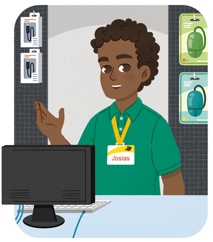 Ilustração de um homem adulto atendendo em uma loja de informática, com um crachá escrito Josias. Em sua frente há um computador e ao fundo há alguns cabos USB e mouses.