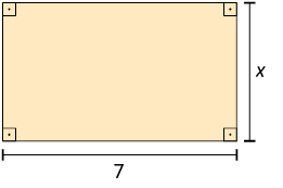 Ilustração de um retângulo com os quatro ângulos retos internos indicados. Um dos lados tem medida de comprimento x e o outro lado 7.