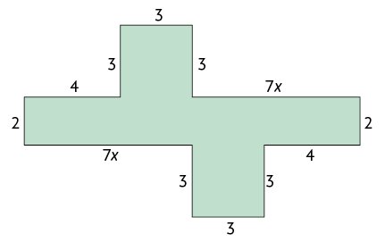 Ilustração de uma figura com 12 lados. A medida de comprimento de cada lado é: 3; 3; 3; 7 x; 2; 4; 3; 3; 3; 7 x; 2 e 4.