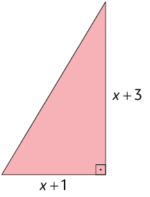 Ilustração de um triângulo retângulo com o ângulo reto marcado. Um dos catetos tem medida de comprimento x mais 3 e o outro x mais 1.