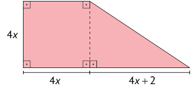 Ilustração de um quadrado e um triângulo retângulo, com um lado do triângulo comum com um lado do quadrado, formando um trapézio retângulo. Todos os ângulos internos retos estão indicados. O trapézio tem altura de medida 4 x. A base do trapézio, que é formada pelas bases do quadrado mais a base do triângulo, tem medida de comprimento 4 x, mais 4 x mais 2.