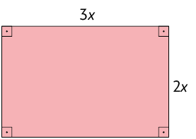 Ilustração de um retângulo. Os 4 ângulos retos internos estão indicados. Os lados tem medidas de comprimento 3 x e 2 x.