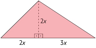 Ilustração de um triângulo. A altura do triângulo está traçada e tem medida 2 x. A base do triângulo tem medidas de comprimento 2 x mais 3 x. A altura divide o triângulo em outros dois triângulos retângulos. Um dos triângulos tem a altura 2 x e base 2 x e o outro triângulo tem altura 2 x e base 3 x.