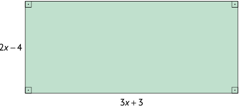 Ilustração de um retângulo com os quatro ângulos internos indicados. Um dos lados tem medida de comprimento 2 x menos 4 e o outro lado 3 x mais 3.