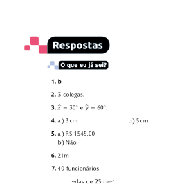 Miniatura de parte de uma página do livro com as numerações de exercícios e suas respectivas respostas.