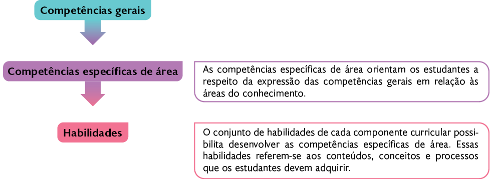 Esquema. Há as frases 'competências gerais' seta para 'Competências específicas de área', seta para 'habilidades'. Ao lado há as frases: 'As competências específicas de área orientam os estudantes a respeito da expressão das competências gerais em relação às áreas do conhecimento.' e 'O conjunto de habilidades de cada componente curricular possibilita desenvolver as competências específicas de áreas. Essas habilidades referem-se aos conteúdos, conceitos e processos que os estudantes devem adquirir.'