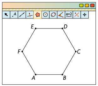 Ilustração da tela de um software de geometria. Há um hexágono regular com vértices A B C D E F. Há vários ícones de seleção e o ícone polígono regular está selecionado.