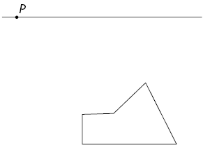 Ilustração do mesmo polígono anterior. Acima há uma reta na horizontal, com um ponto P marcado sobre ela que está bem à esquerda da reta, e o polígono está mais para o lado direito da ilustração.