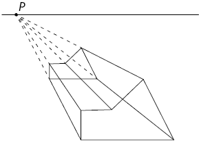 Ilustração como a ilustração anterior. Além disso, os vértices dos polígonos semelhantes foram ligados, formando uma figura geométrica espacial em perspectiva cônica.