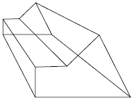 Ilustração de uma figura geométrica espacial em perspectiva cônica obtida através da ilustração anterior. A vista frontal é um polígono de 5 lados que parece um retângulo do lado esquerdo junto com um triângulo no lado direito.