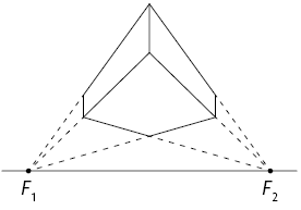 Ilustração continuando a anterior: figura geométrica desenhada em perspectiva central. São traçados dois segmentos por cima de uma parte tracejada: do vértice do quadrilátero esquerdo até o meio do X, e do vértice do quadrilátero direito até o meio do X.