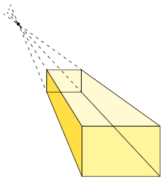 Ilustração de uma figura geométrica espacial em perspectiva cônica que tem um retângulo como vista frontal. As linhas excedentes estão traçadas e o ponto onde elas se cruzam está marcado como ponto de fuga.