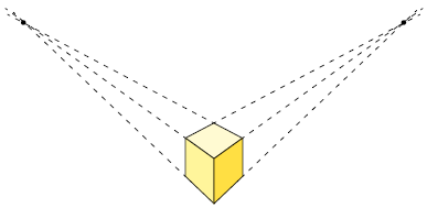 Ilustração de um cubo em perspectiva central. As linhas excedentes estão traçadas e há dois pontos alinhados, um de cada lado da ilustração, onde elas se cruzam.