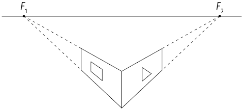 Ilustração como a anterior em que dois quadriláteros foram desenhados a partir do tracejado e do traço ao meio. Dentro do quadrilátero da esquerda, há um retângulo desenhado acompanhando a perspectiva e dentro do quadrilátero da direita, há um triângulo desenhado também acompanhando a perspectiva, eles formam uma seta que aponta para baixo.