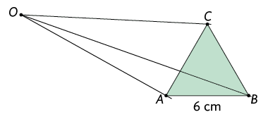 Ilustração do mesmo triângulo A B C da ilustração anterior. Há um ponto O marcado externo ao triângulo, à esquerda. E está traçado um segmento de reta O A; um segmento de reta O B; e um segmento de reta O C.