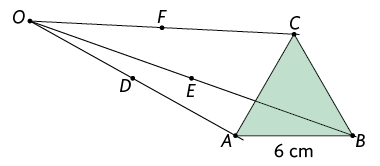 Ilustração do mesmo triângulo A B C da ilustração anterior. Em cada segmento está marcado um ponto entre O e o vértice do triângulo: no segmento O A está marcado o ponto D, no segmento O B está marcado o ponto E, e, no segmento O C, está marcado o ponto F.