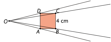 Ilustração do mesmo quadrado A B C D da ilustração anterior. Há um ponto O marcado externo ao quadrado, à esquerda. E está traçado uma semirreta O A; uma semirreta O B, uma semirreta O C e uma semirreta O D, todas elas se prologam após os vértices do quadrado.