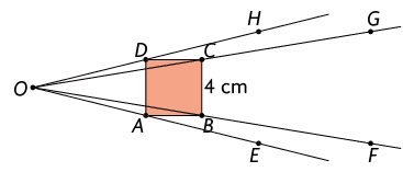 Ilustração do mesmo quadrado A B C D da ilustração anterior com as 4 semirretas. Em cada semirreta está marcado um ponto após cada um dos vértices do quadrado: na semirreta O A está marcado o ponto E, na semirreta O B está marcado o ponto F. na semirreta O C está marcado o ponto G e na semirreta O D está marcado o ponto H.