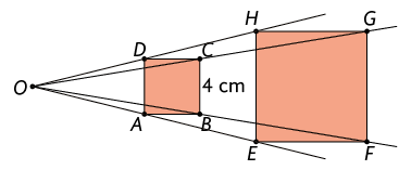 Ilustração do mesmo quadrado A B C D da ilustração anterior com as 4 semirretas com os pontos E F G H marcados porém com os segmentos E F, F G, G H e E H traçados, formando um quadrado E F G H, maior do que o quadrado A B C D.