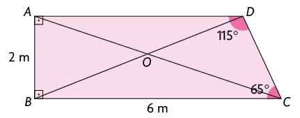 Ilustração de um trapézio retângulo A B C D, com a base maior medindo 6 metros e a altura medindo 2 metros. Os ângulos A e B com a indicação de ângulo reto, o ângulo C medindo 65 graus e o ângulo D, medindo 115 graus. As diagonais A C e B D estão traçadas, com o ponto O marcado no cruzamento entre elas.