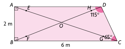 Ilustração de um trapézio retângulo A B C D igual ao da ilustração anterior. Em cada diagonal estão marcados 2 pontos. Na diagonal A C está marcado o ponto E, entre A e O e o ponto G, entre O e C. Na diagonal B D está marcado o ponto F, entre B e O e o ponto H, entre O e D.