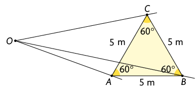 Ilustração de um triângulo equilátero A B C com as medidas dos lados iguais a 5 metros e todos os ângulos marcados e identificados com medida 60 graus. Há um ponto O marcado externo ao triângulo, à esquerda. E está traçado uma semirreta O A; uma semirreta O B; e uma semirreta O C, todas elas se prologam após os vértices do triângulo.